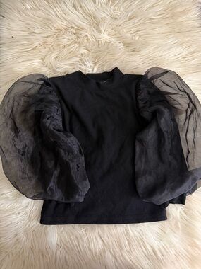 Girls Black Puff-Sleeve Sheer Organza Top